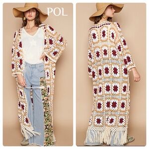 POL Crochet Long Fringe Cardigan in Cream, Mustard & Burgundy